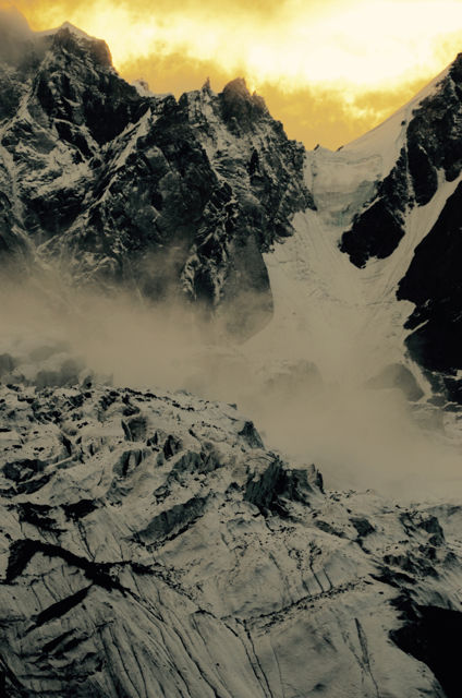 Dusk comes in cold, golden rays near our camp on the Bara Shigri glacier in October. One of Asia's longest glaciers, it is a boulder-strewn landscape of steep ascents rather than simply a space of graceful ice flows and brilliantine blue. It is a brutal landscape that is morphing in the present tense. Ice here is gigantic, rubble covered and in perpetual flow rather than anything crystalline and delicate. It is a body in decay that is liquefying and morphing from something solid into something vital yet temporary; ice into water. Behind me as I watch this day's closure, Karma tinkers with dinner and an 'aperitif' of tea, while layers of down warmth are applied. Cold arrives from everywhere at once when the sun disappears. Mountains remain one of Nature's perfect editors and tutors.
