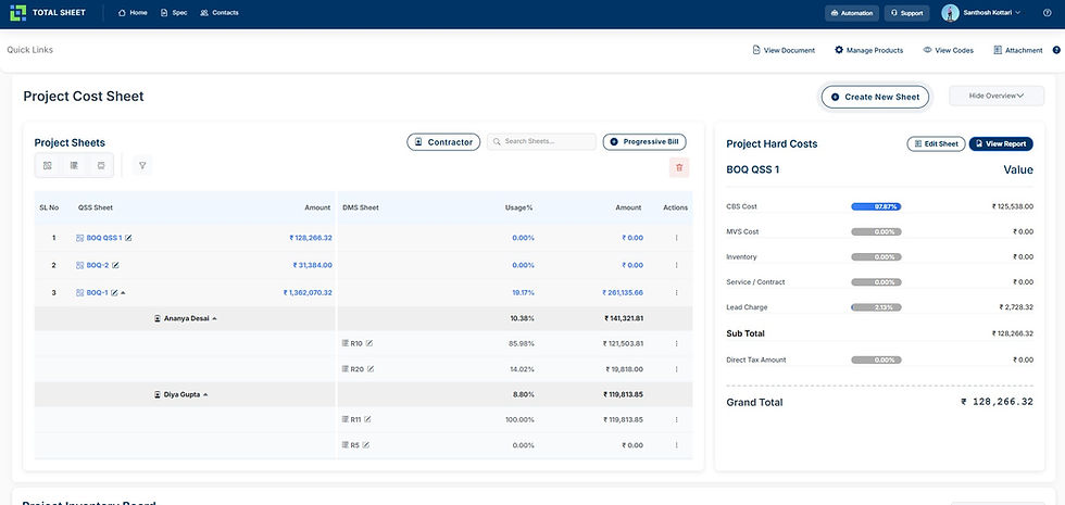 Project Cost Sheet interface showing expenses