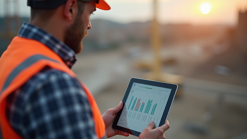 Close-up view of a site engineer using a tablet with construction cost data