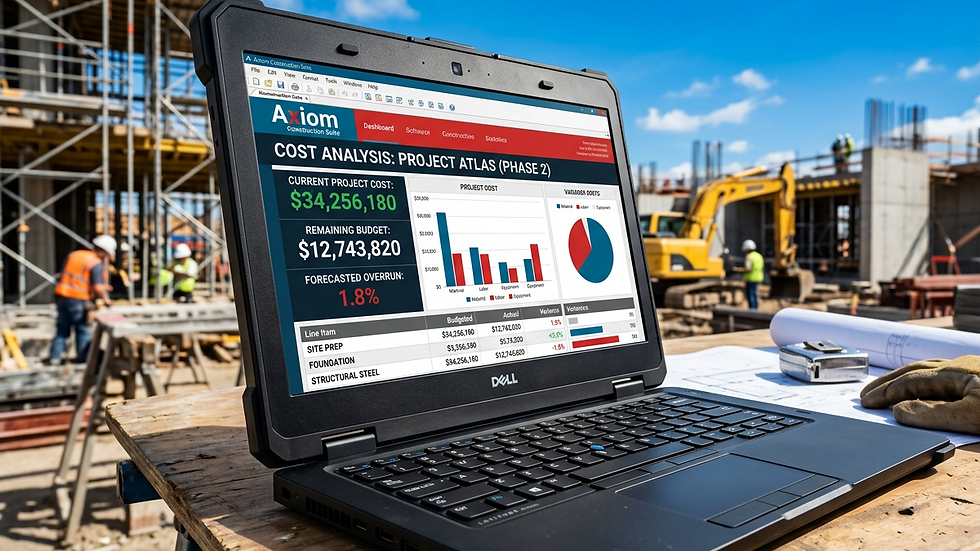 Close-up view of a laptop screen showing construction cost analysis software