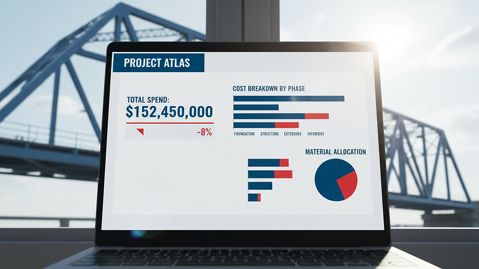 Close-up view of a laptop screen showing construction cost data and charts