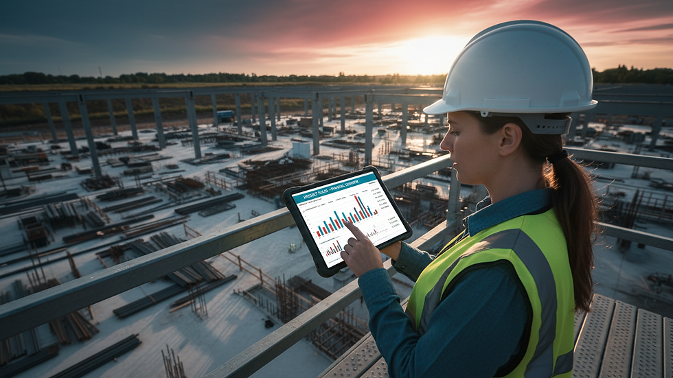 High angle view of a construction project manager reviewing digital cost reports