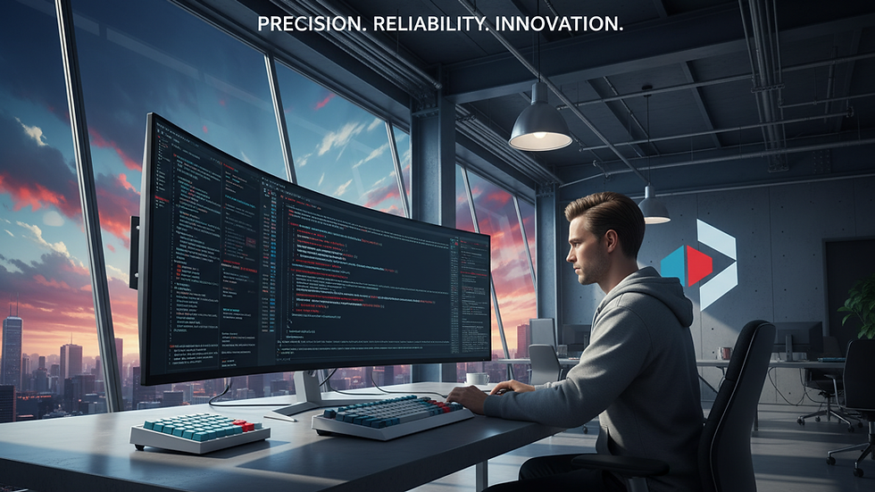 Eye-level view of a software engineer working on code in a modern office