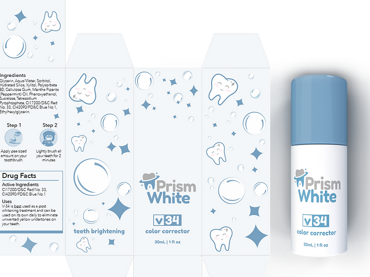 Prism White V34 box dieline beside the serum bottle