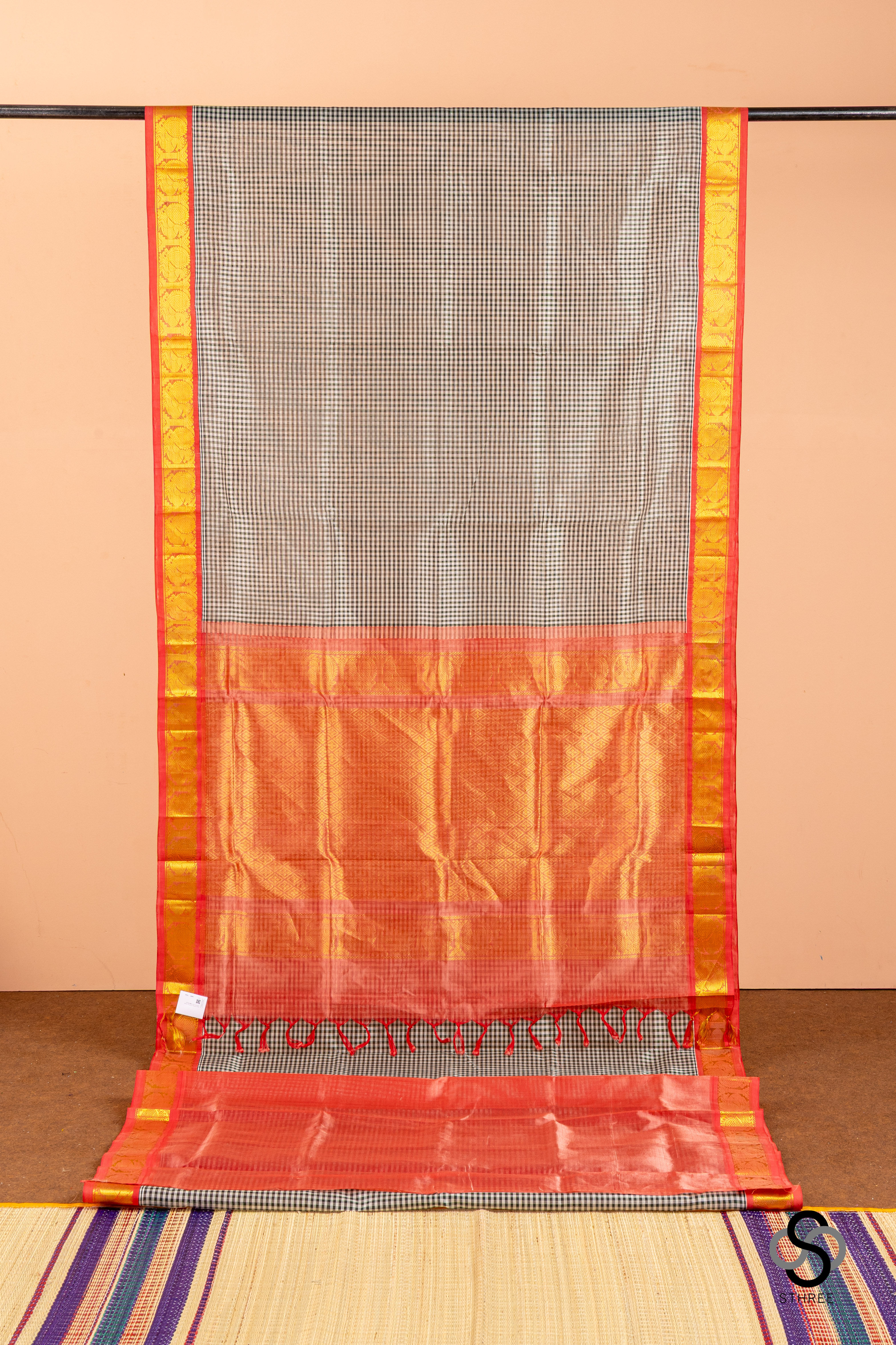 Silk Cotton - Bottle green and white checks with Orange