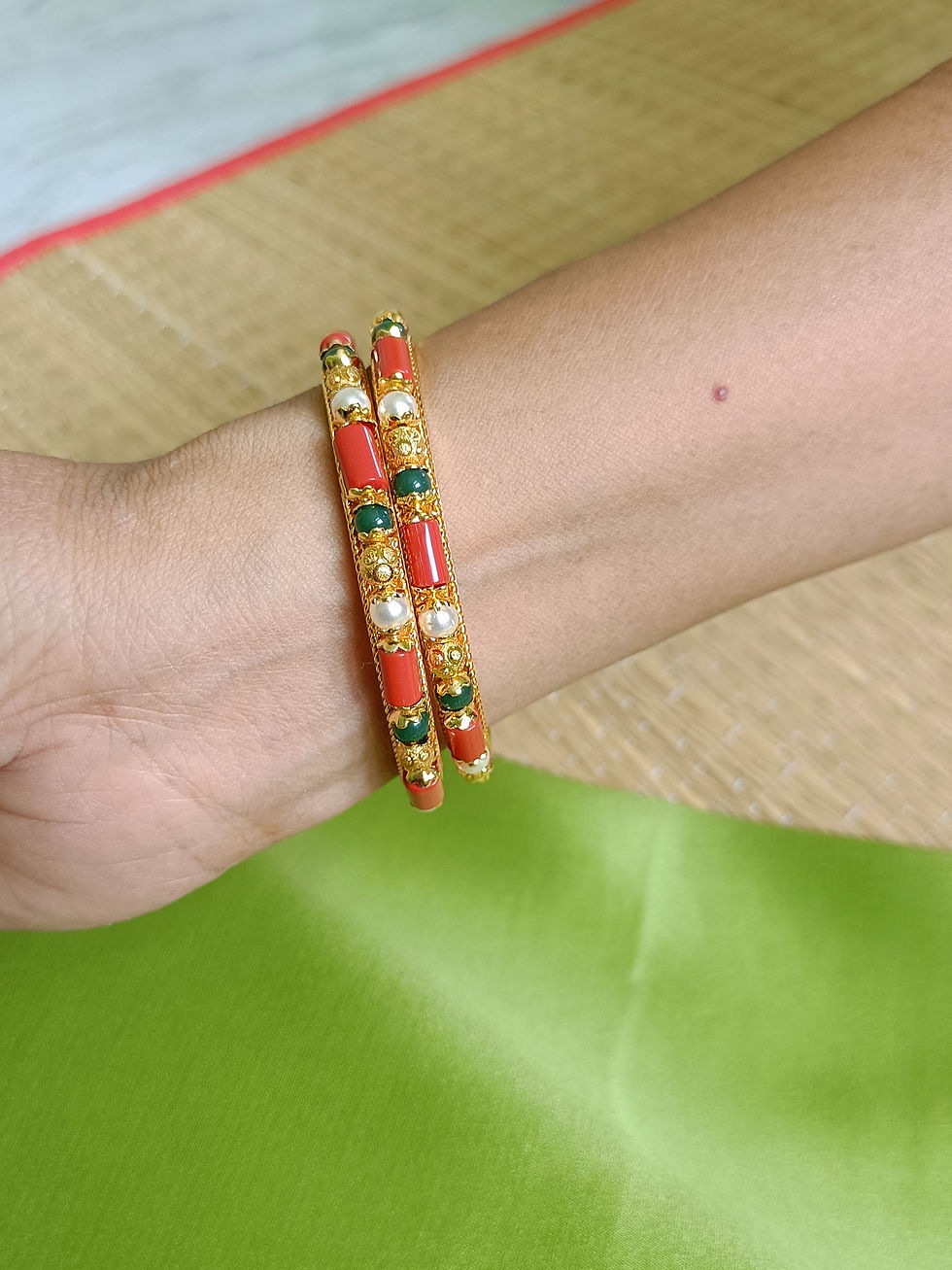 Thumbnail: Coral, pearl and emerald green bangles