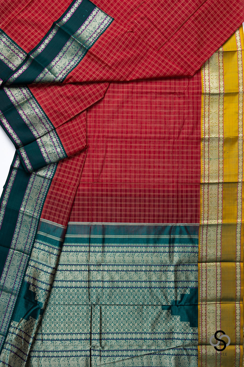 Thumbnail: Threadwork Kanjivaram - Maroon checks with Ganga jamuna border
