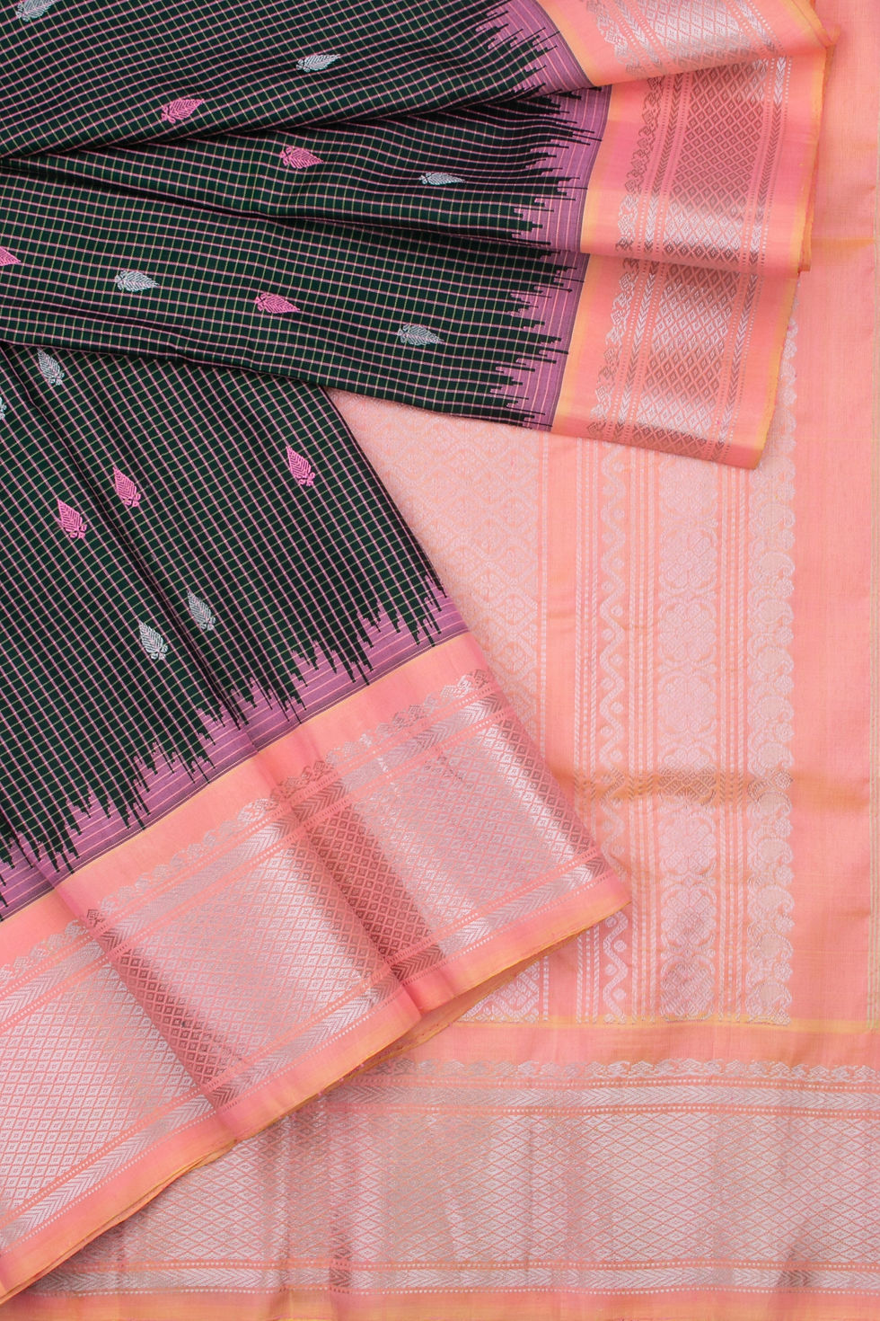 Thumbnail: Silk  Gadwal - Green and Peach korvai border