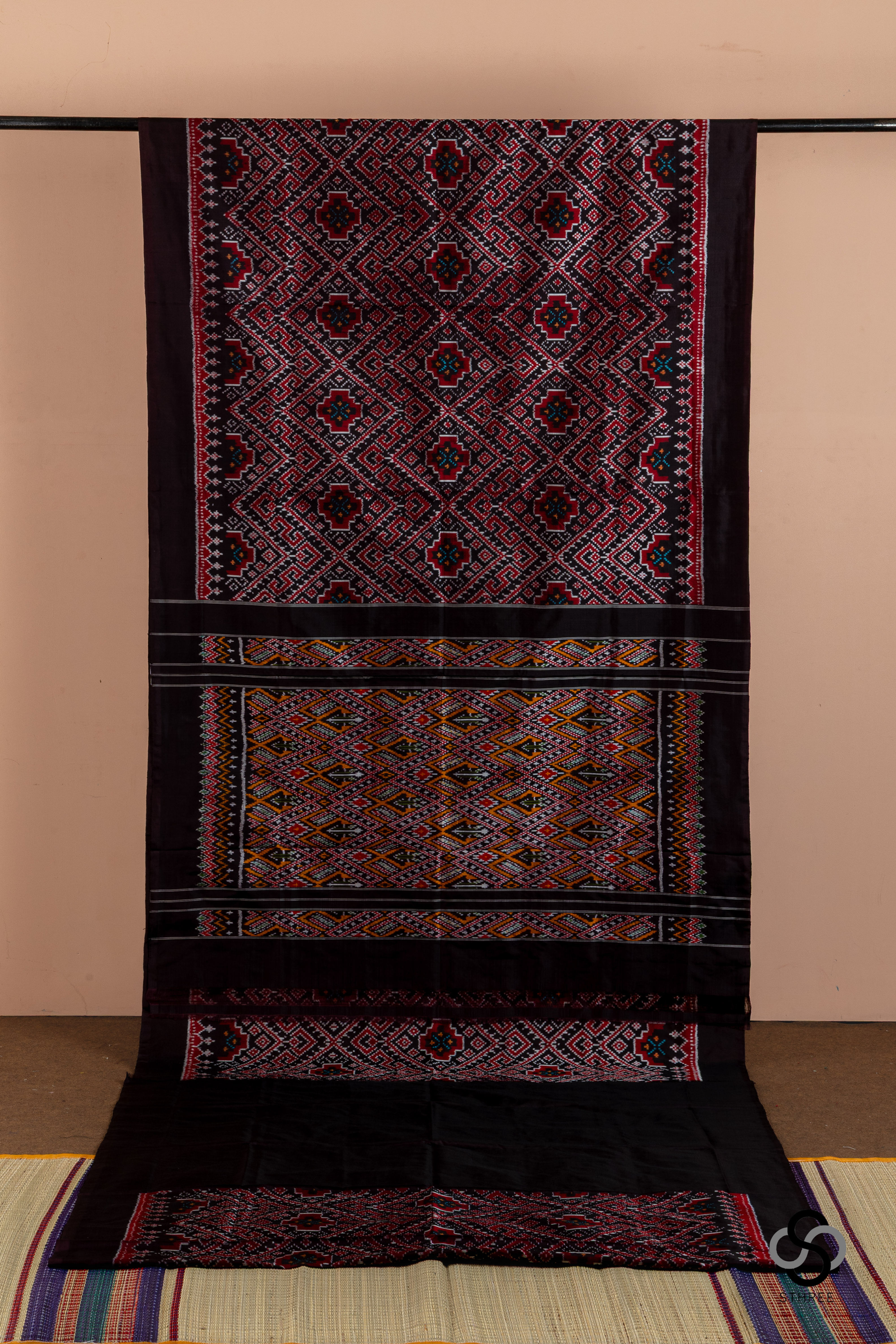 Cambodian silk Ikat - Brown with Maroon and silver motifs -IK16