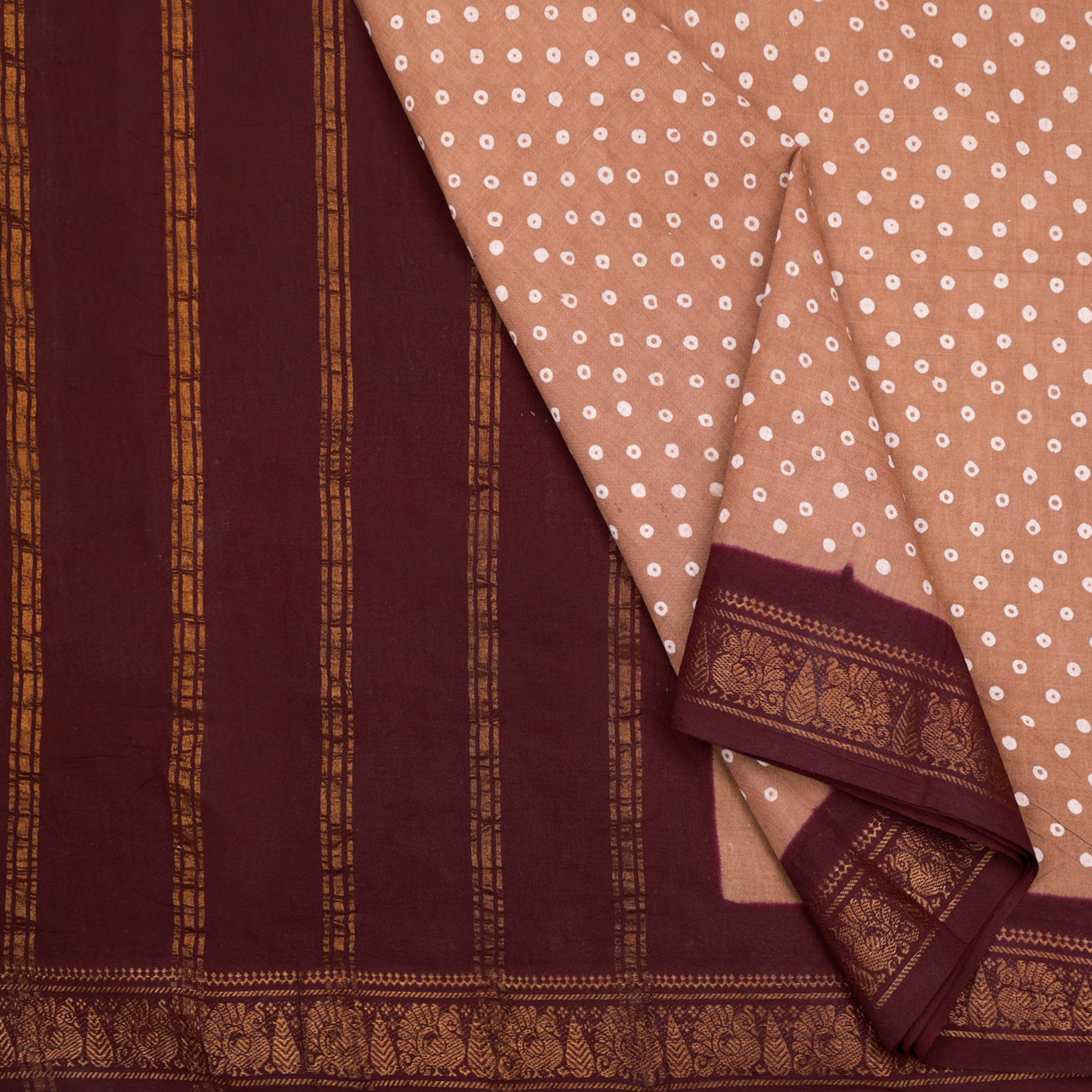 Sungudi - Wax Print - Mukkati, Biscuit colour with Brown Mayil & Thilagam border