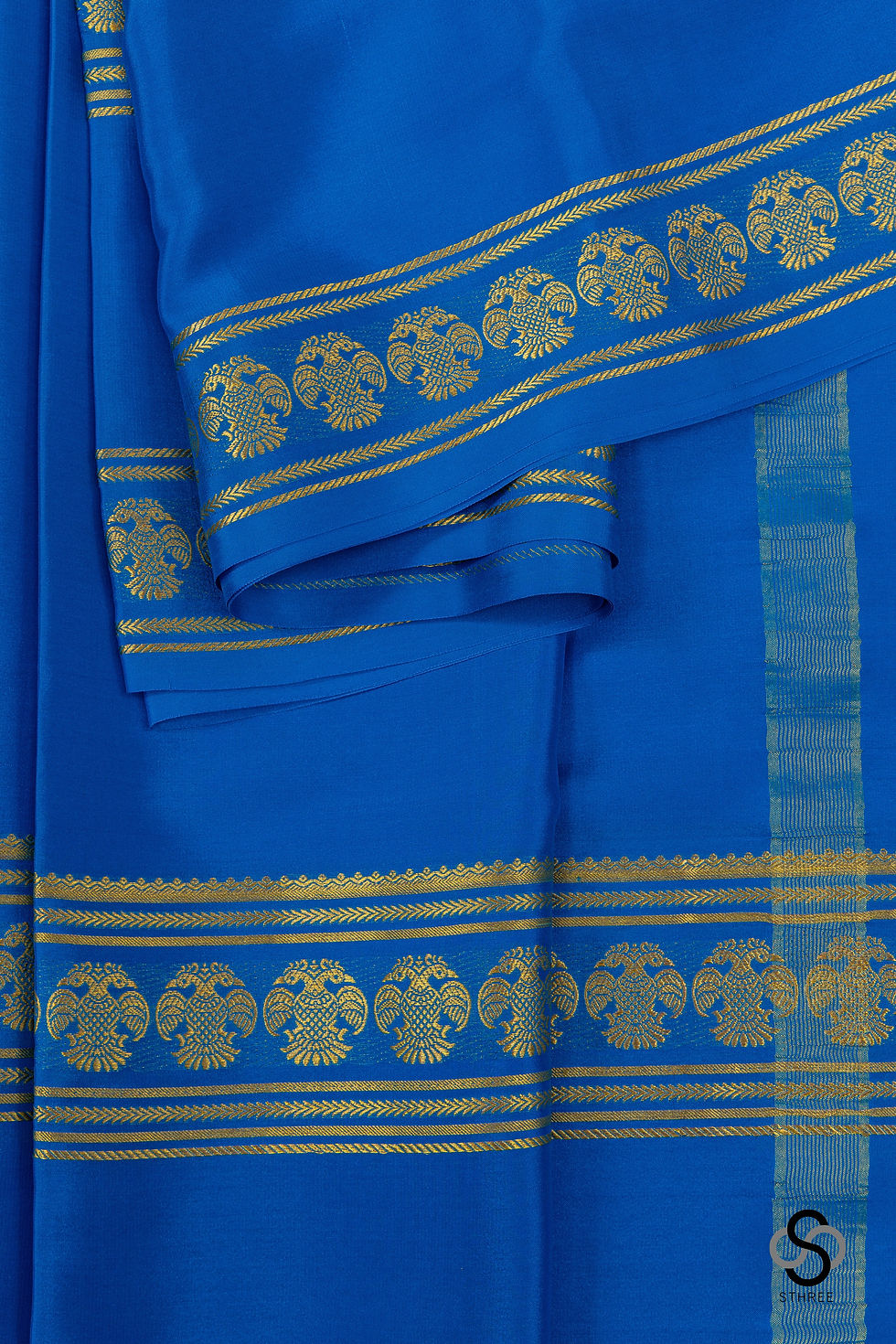 Thumbnail: Mysore crepe silk - Anandha blue with Gandaberunda doublepettu border