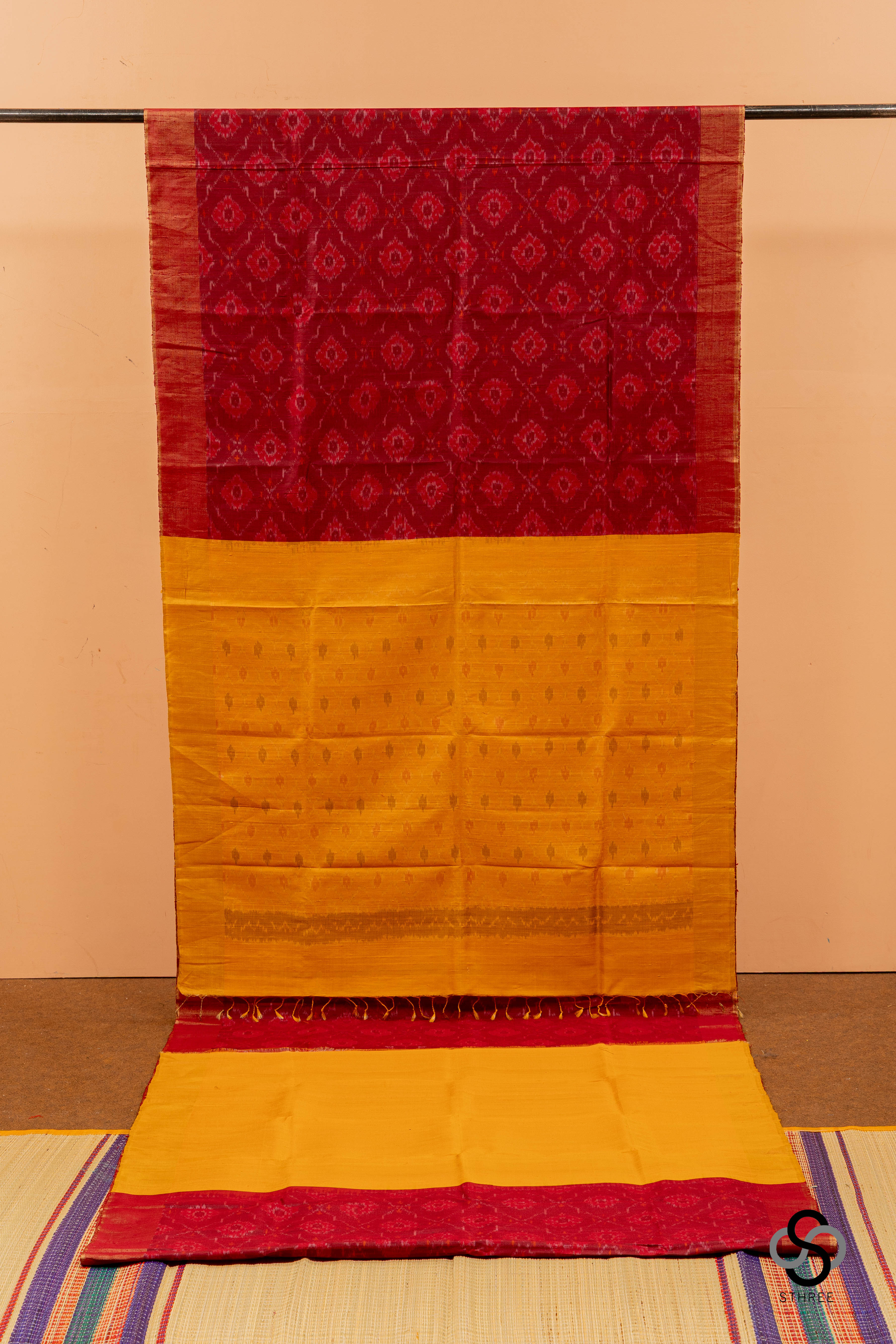 Raw silk with Ikat - Maroon with Mustard