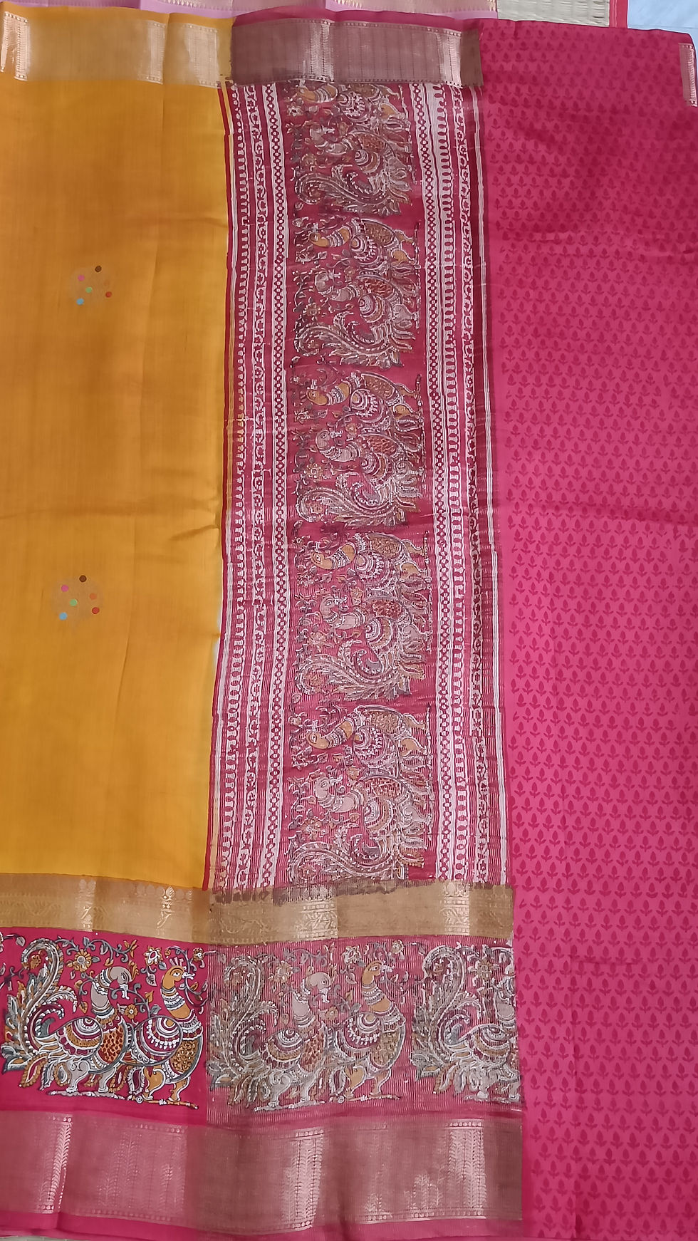 Thumbnail: Tussar with Kalamkari border - Golden mustard