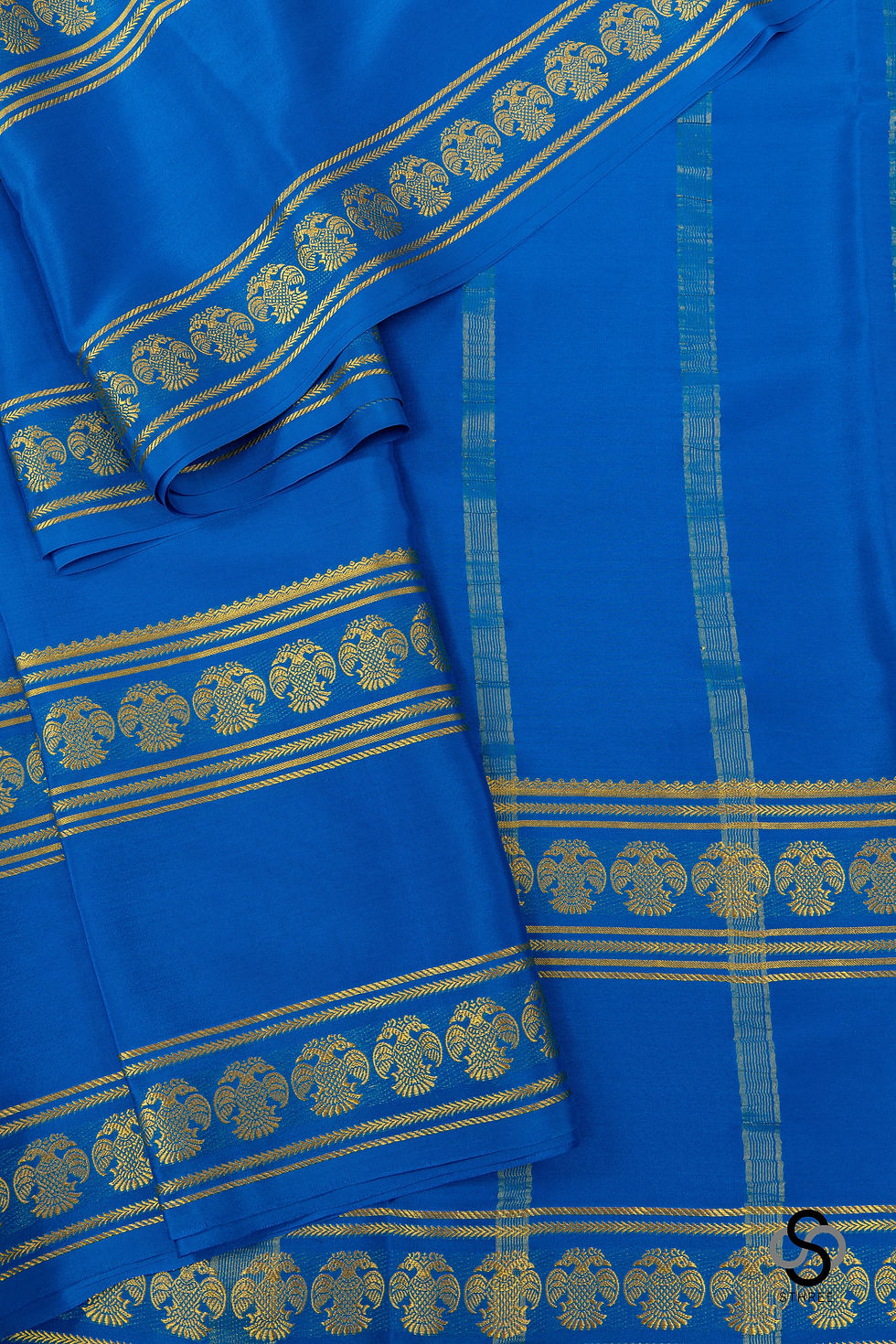 Thumbnail: Mysore crepe silk - Anandha blue with Gandaberunda doublepettu border