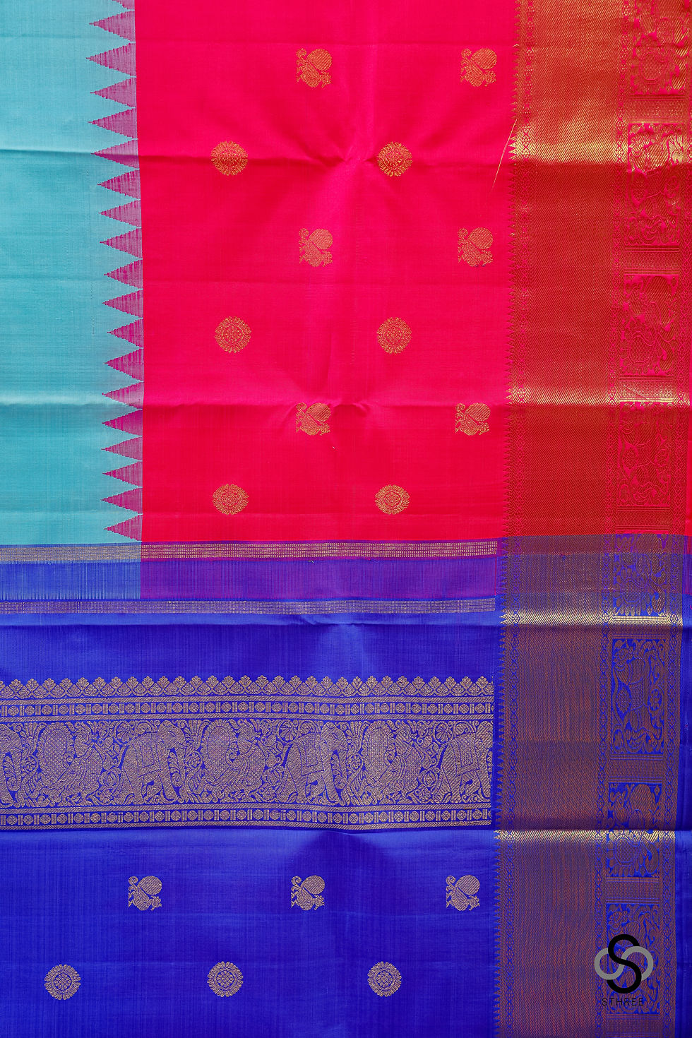 Thumbnail: Korvai Kanjivaram - Mubbagam - Navy blue ,Turquoise and Pink  -STK142