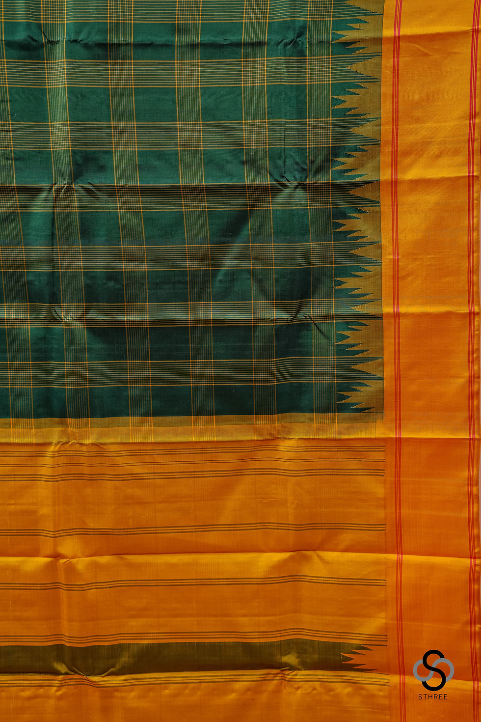 Thumbnail: Threadwork Kanjivaram - Green checks with Mustard yellow