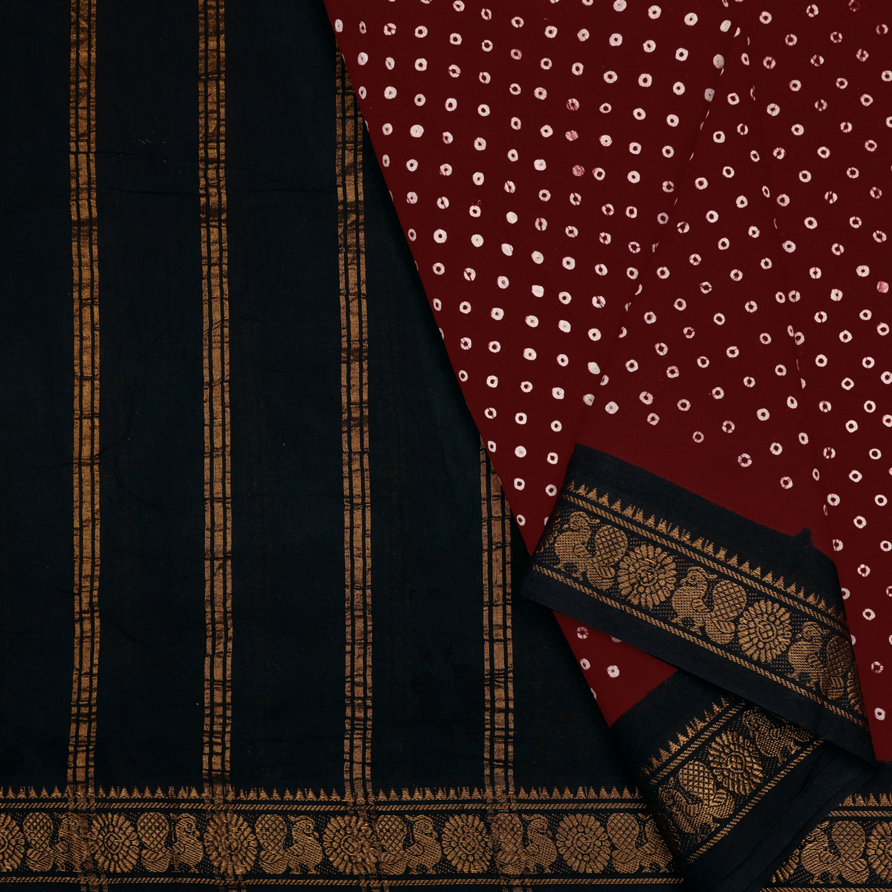 Sungudi - Single dots - Dark red with Brown Mayil & Chakram border