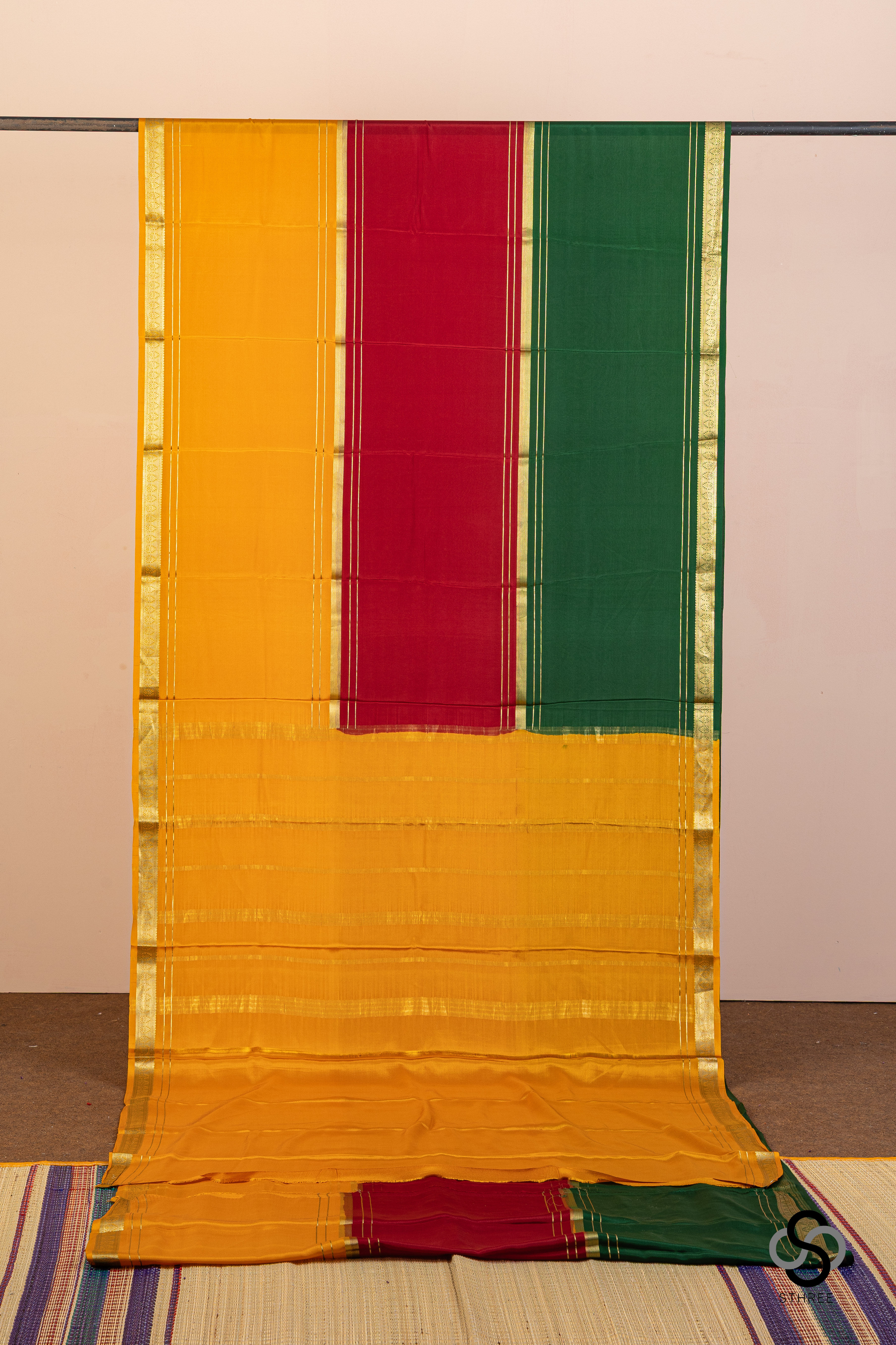 Mysore crepe silk - Mubbagam -  Mustard , Brown and Bottle green