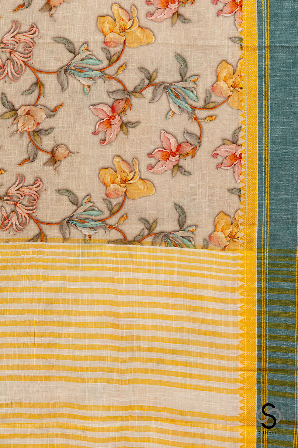 Thumbnail: Khadi cotton - Orchid floral print, beige with teal border