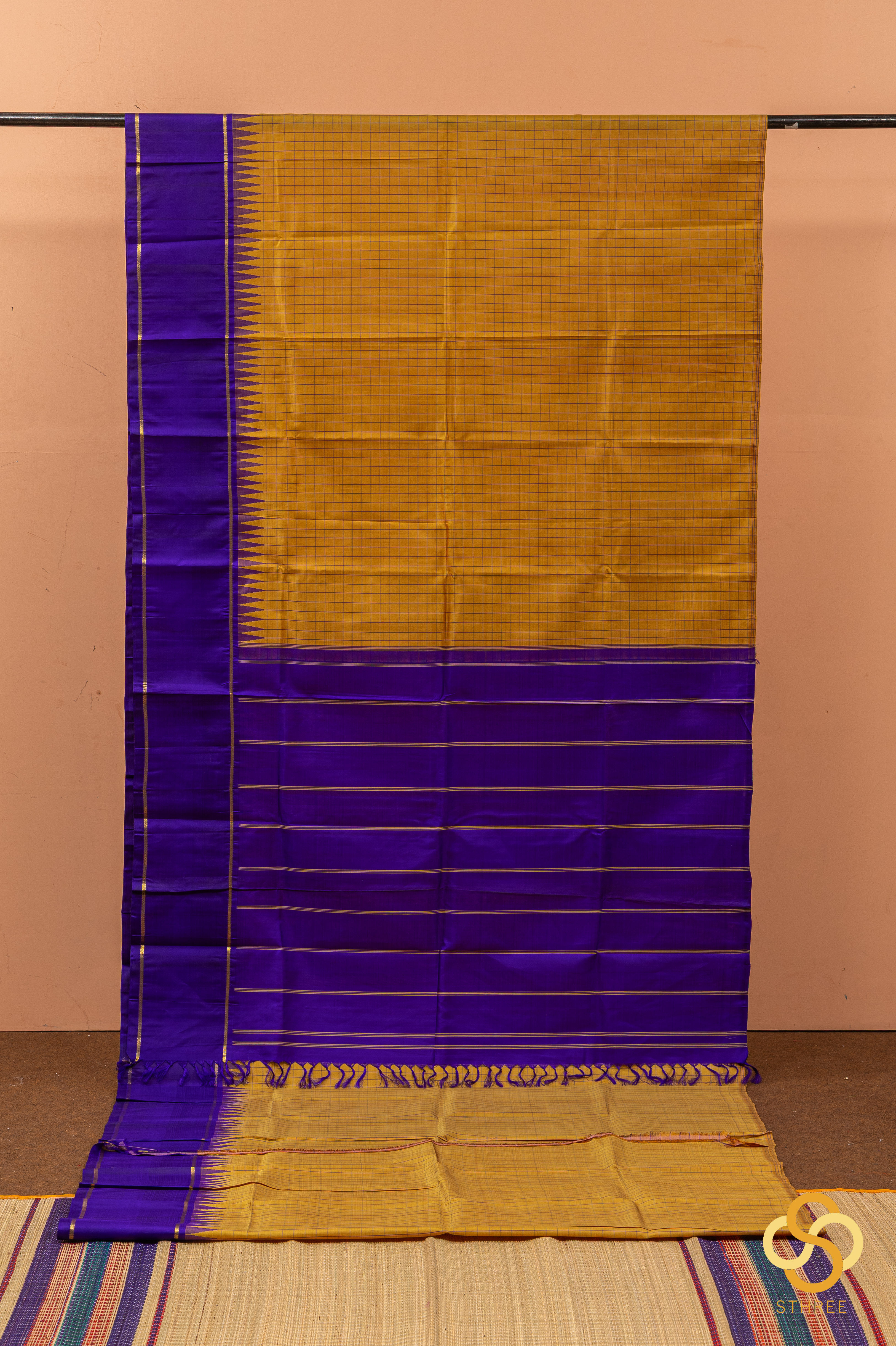 Tirubhuvanam silk - Oil mustard checks with Purple