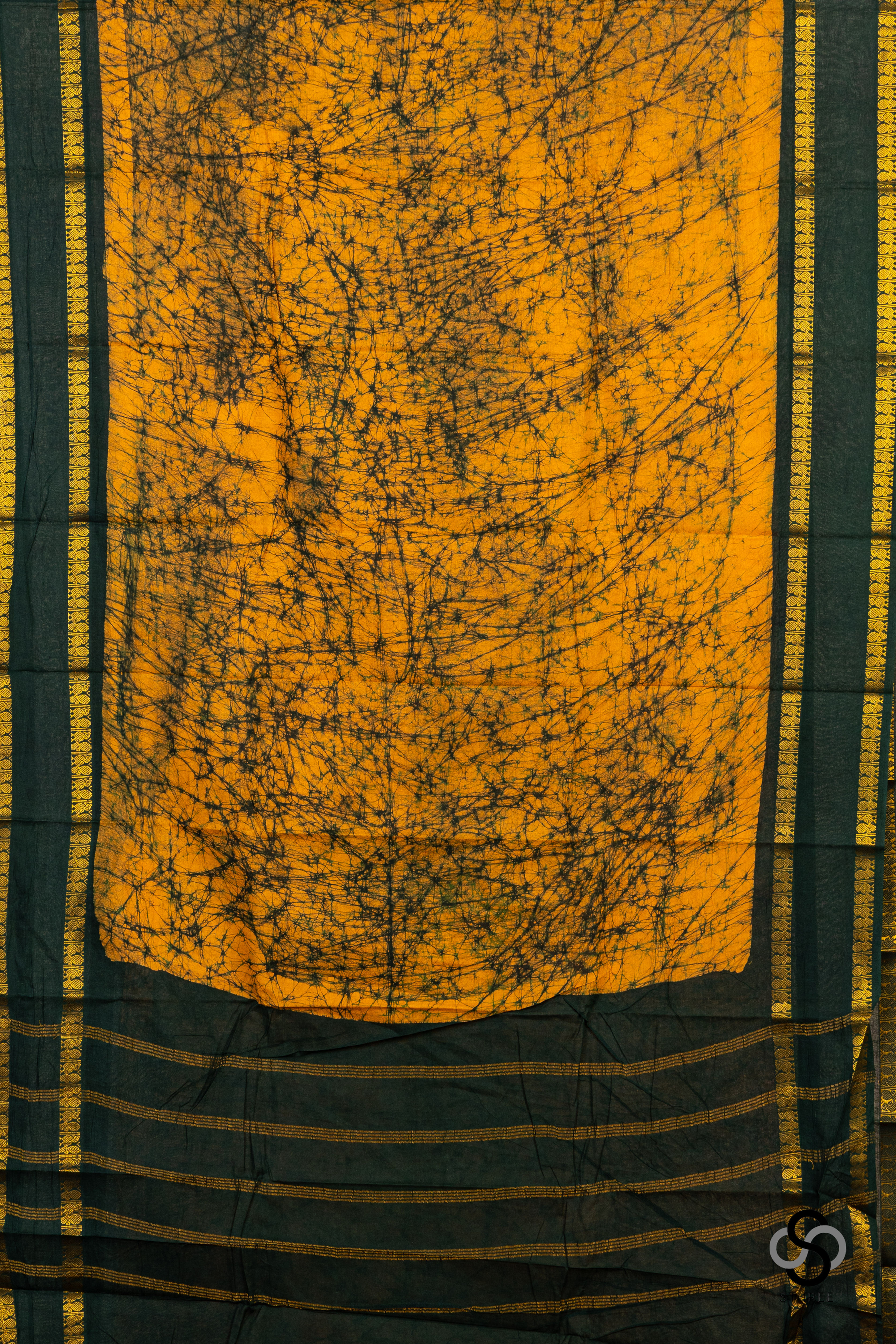 Sungudi - Batik  - Mustard with Bottle green