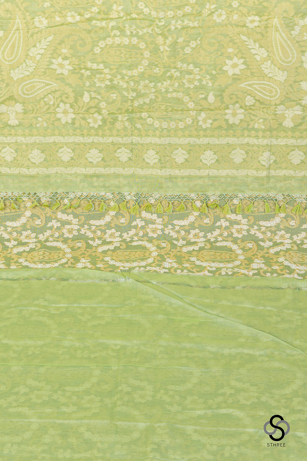Thumbnail: Banarasi Cotton Jamdani - Pista green with Pink selvedge