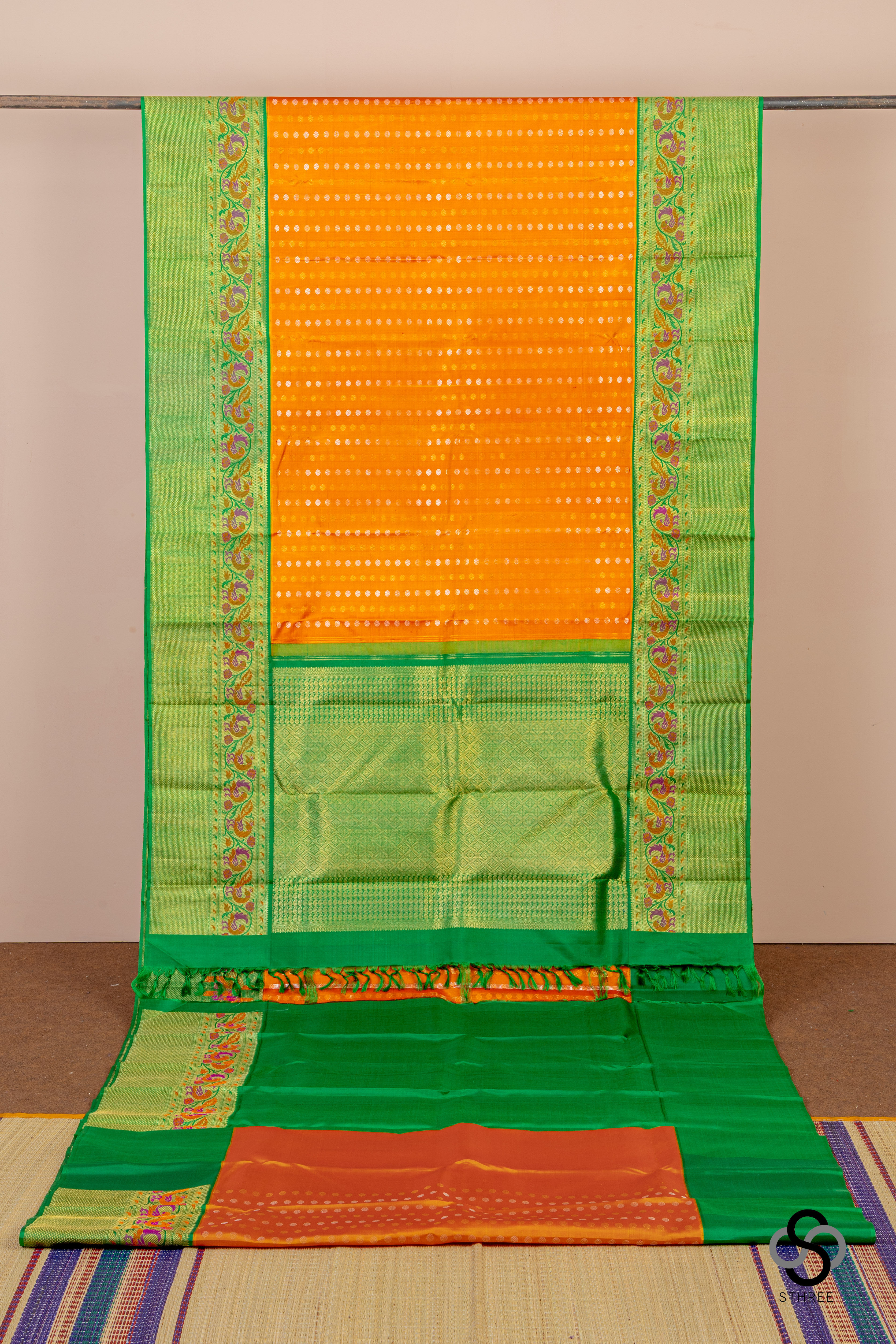 Kanjivaram - Orange with Green paithani inspired border