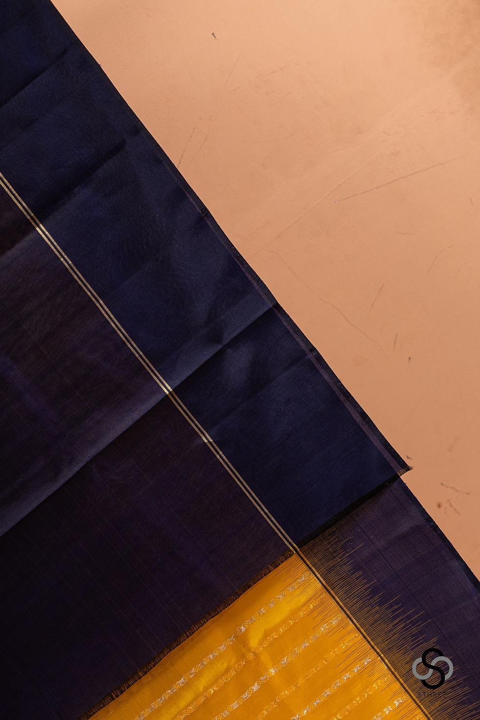 Thumbnail: Soft Silk Kanjivaram - Mustard yellow with Navy blue