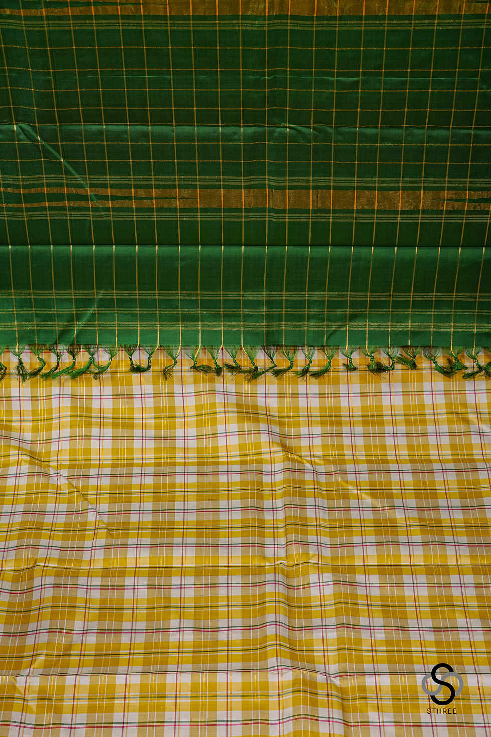 Thumbnail: Kattam Kanjivaram - White and Mustard checks with Green