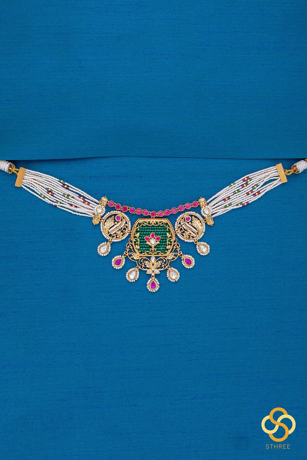 Thumbnail: Pearl choker in Jadau kundan pendant - Emerald green with Ruby pink