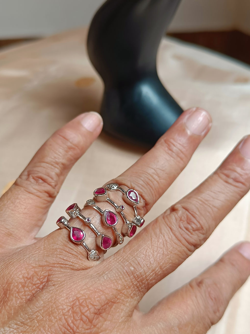 Thumbnail: Spring ring - five lines, pure silver and rubies