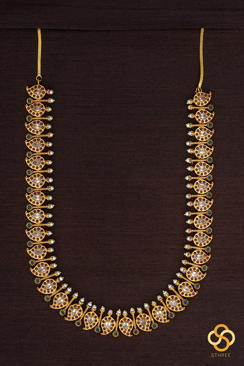 Thumbnail: Mangai Malai Necklace -  Ruby red with pearls