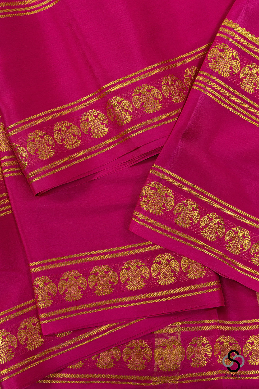 Thumbnail: Mysore crepe silk - Pink with Gandaberunda doublepettu border