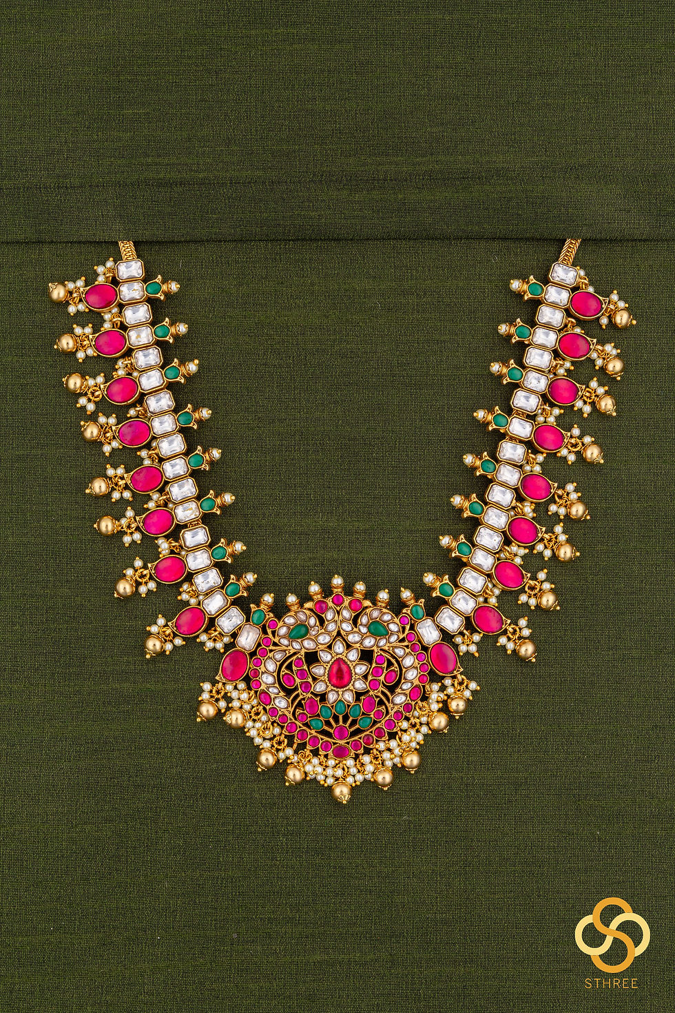 Thumbnail: Jadau kundan with Mayil pendent Necklace  - Ruby red and Emerald green