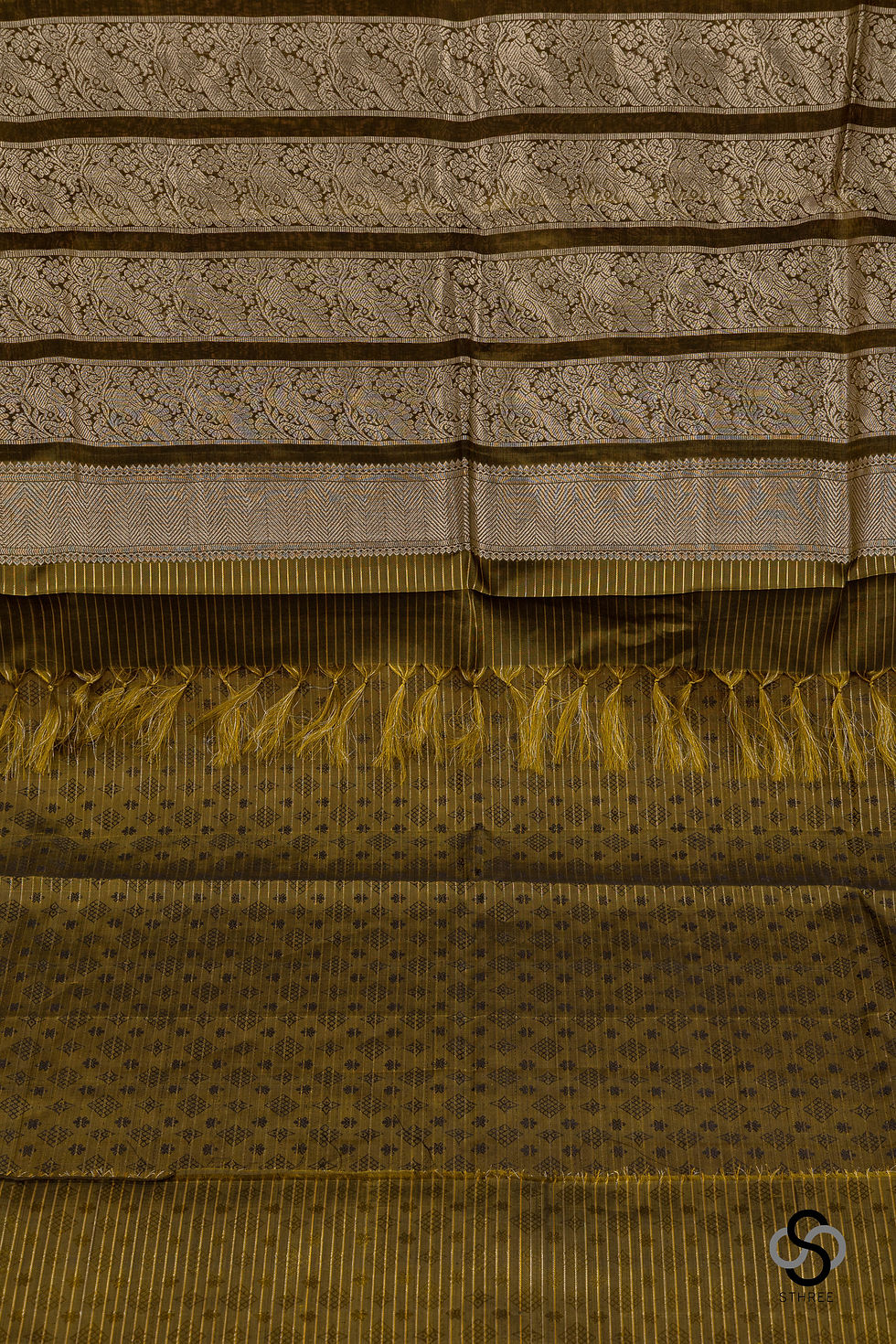 Thumbnail: Silk Cotton - Mehendi green stripes with long and short border