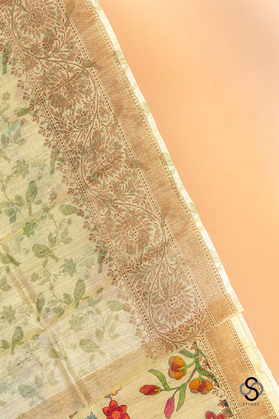 Thumbnail: Tussar silk - Florals & Birds - Mint green colour