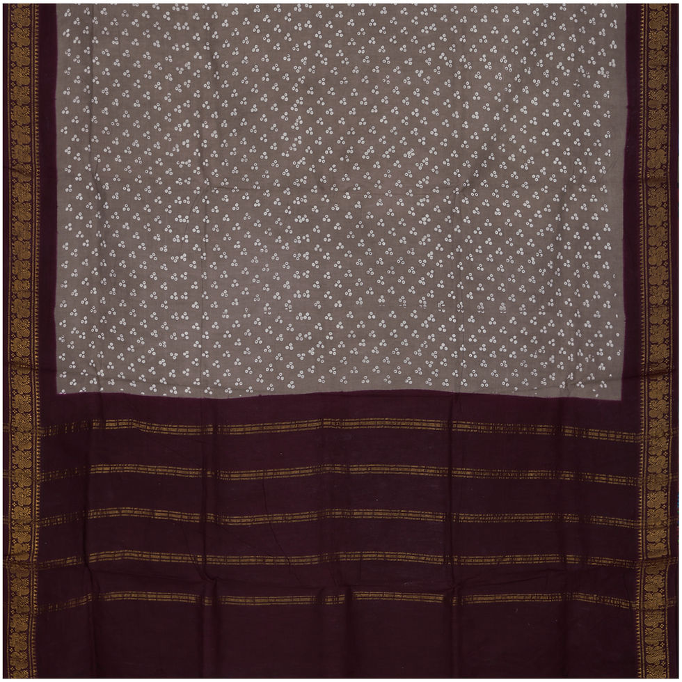 Thumbnail: Sungudi - Wax Print - Mukkati, Greyish brown with Brown Mayil border