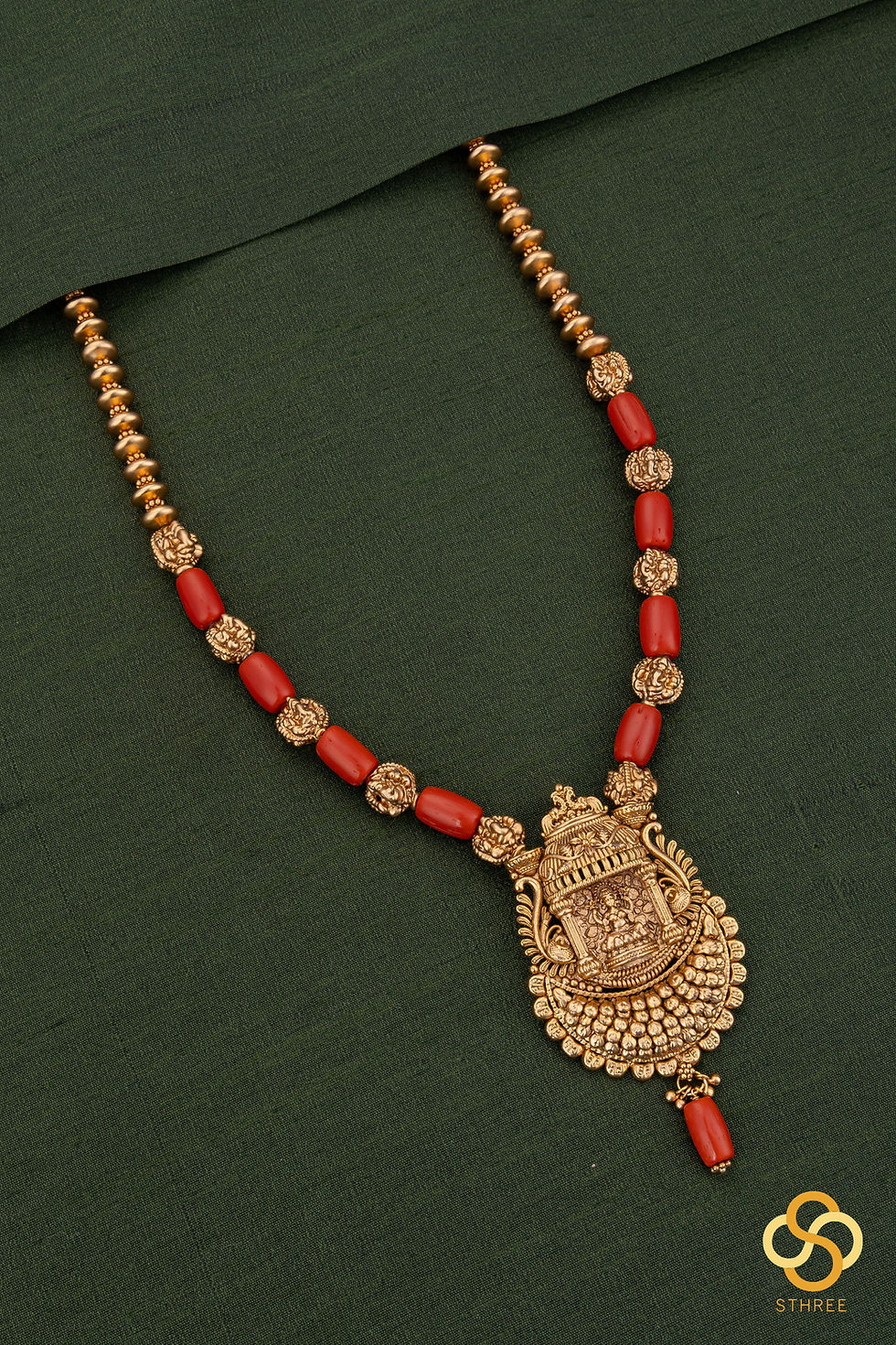 Thumbnail: Lakshmi pendant with coral and gold ball set