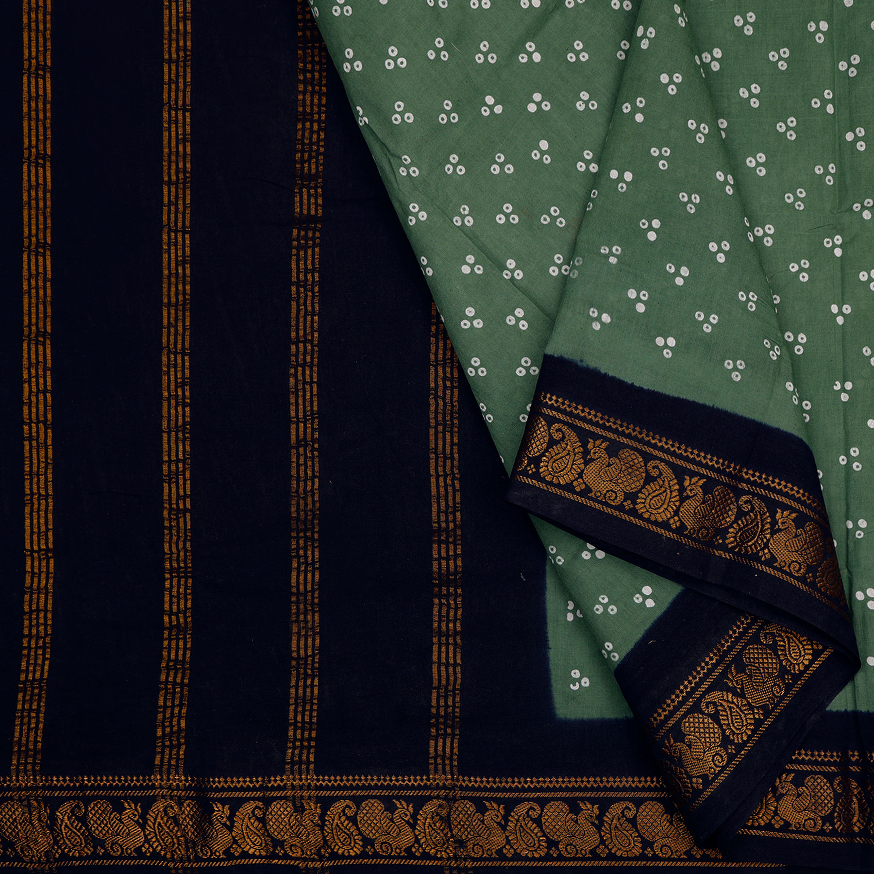 Sungudi - Wax Print - Mukkati, Coffee seed green with Navy blue Mayil & Manga