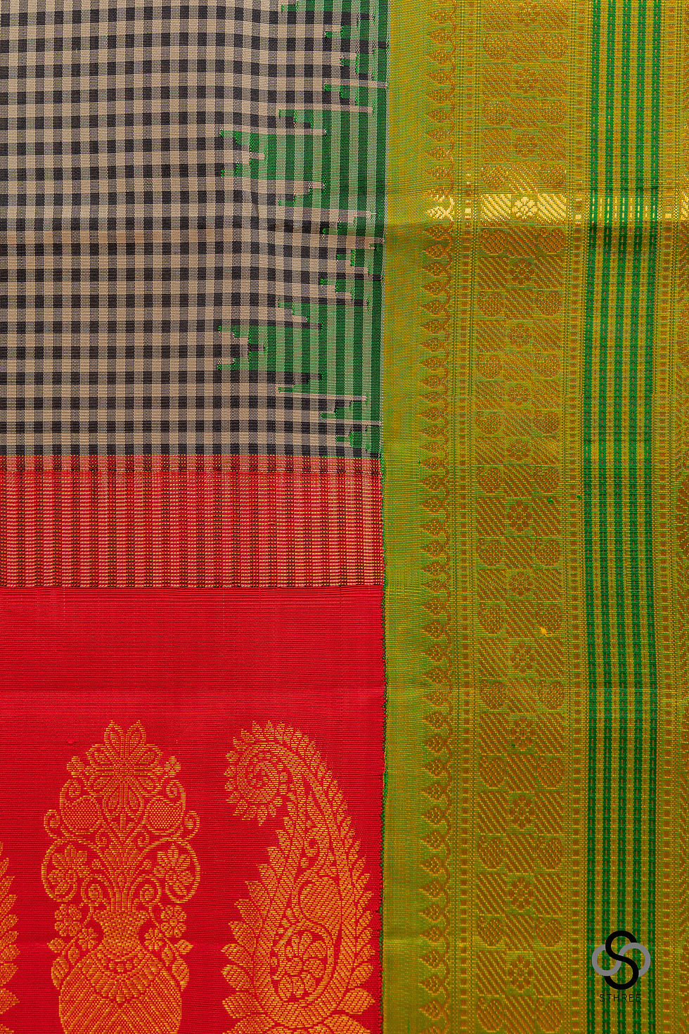 Thumbnail: Silk Gadwal - Black and white checks with ganga jamuna korvai border