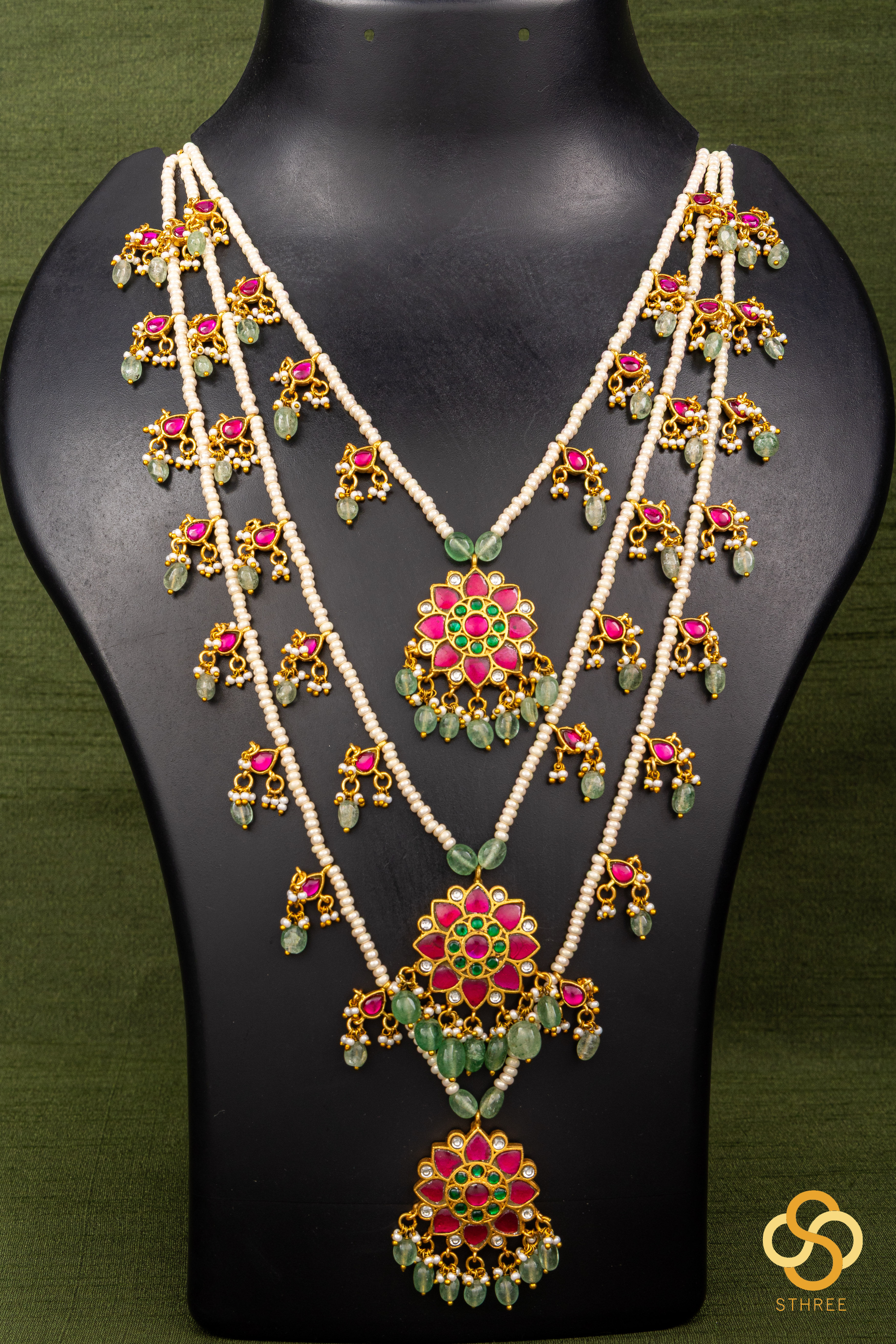 Teen lada - Kundan and pearls - White and Ruby red kundan