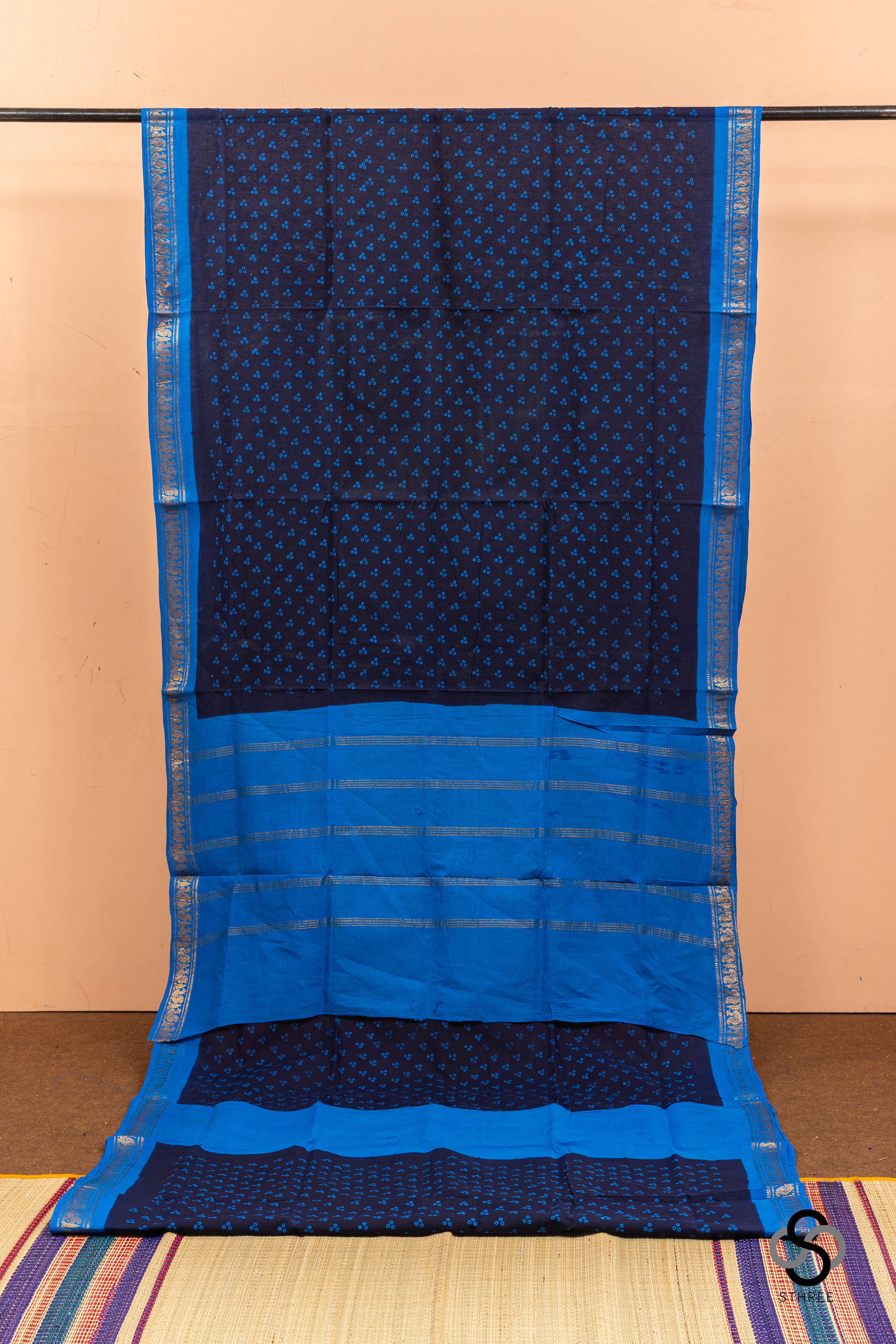 Sungudi -Mukkati design- Navy blue with Sky blue