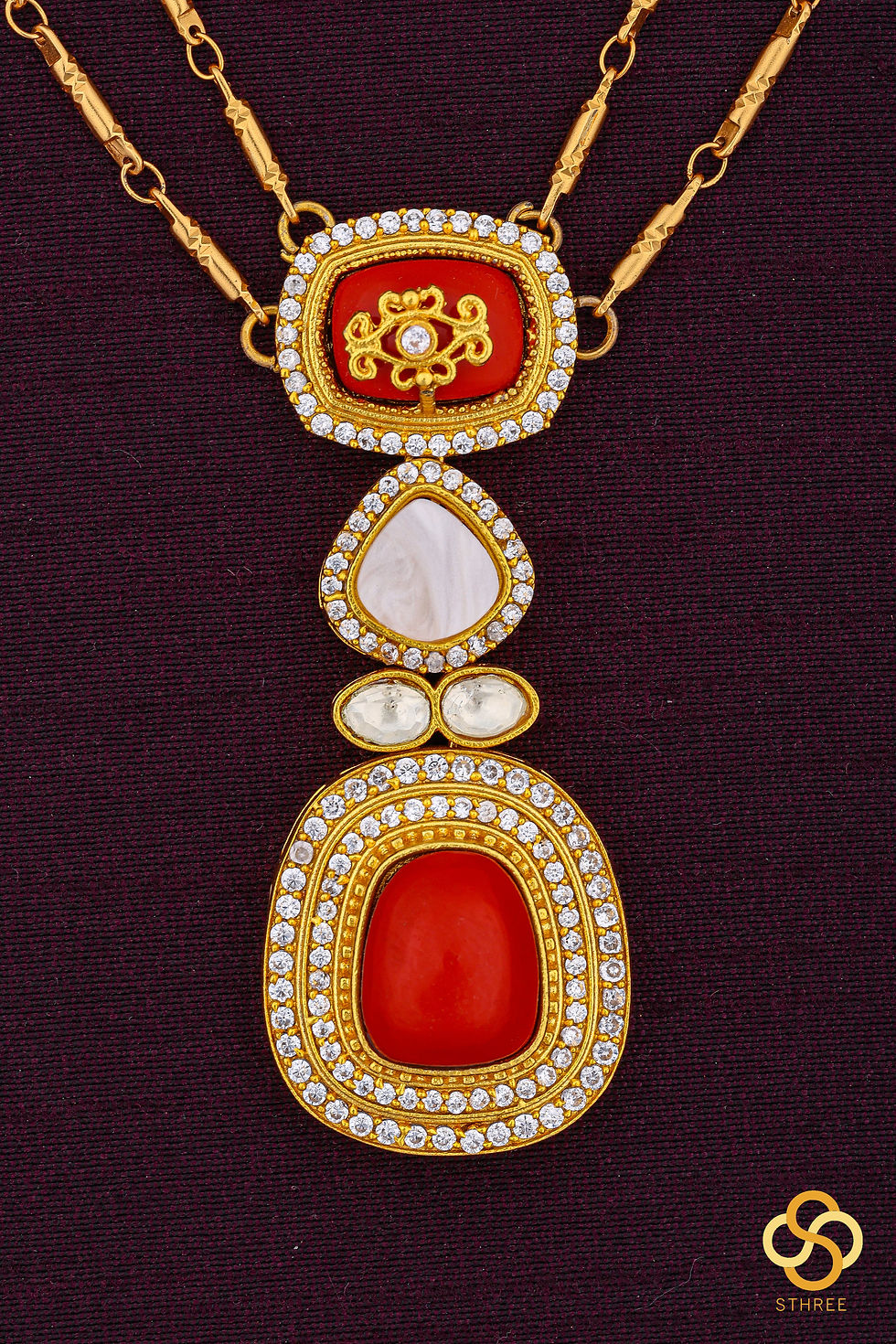 Thumbnail: Layered Kundan necklace - Coral with white