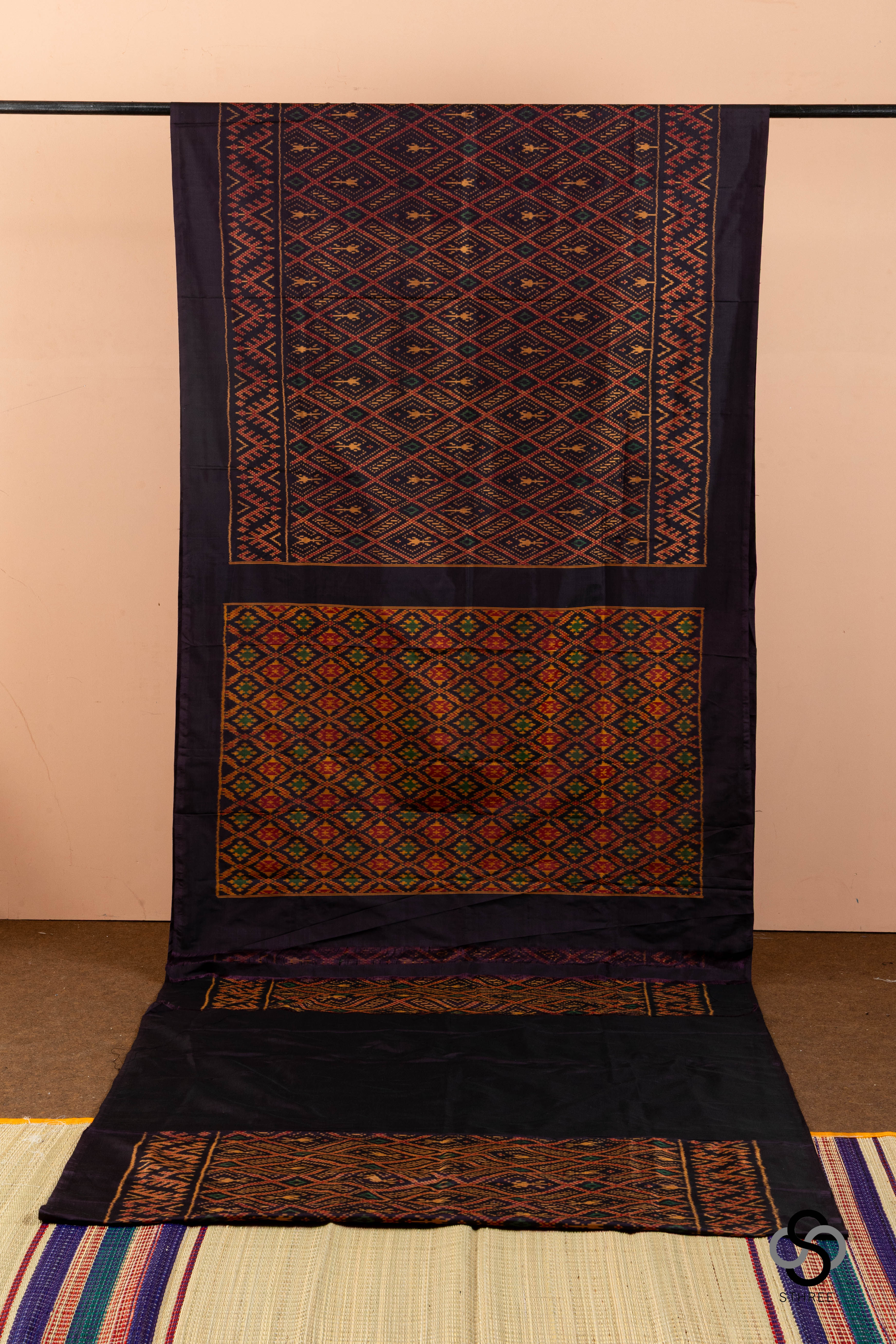 Cambodian silk Ikat - Chocolate brown with green and rust motifs -IK22