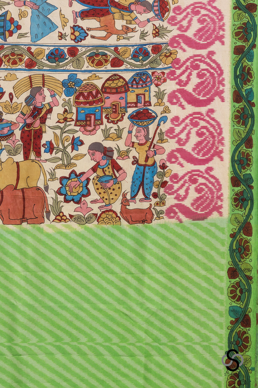 Thumbnail: Silk Ikat with Hand Kalamkari - Woven ikat border