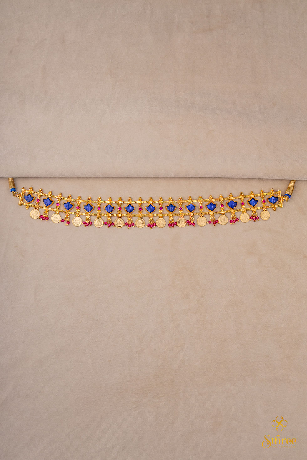 Thumbnail: Keralam choker with Lakshmi coins - Sapphire Blue