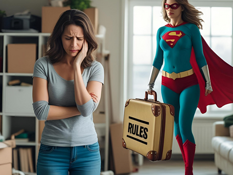 A woman standing in a room with clutter looking stressed. A superhero woman with a cape has just flown in with a suitcase of "Rules"