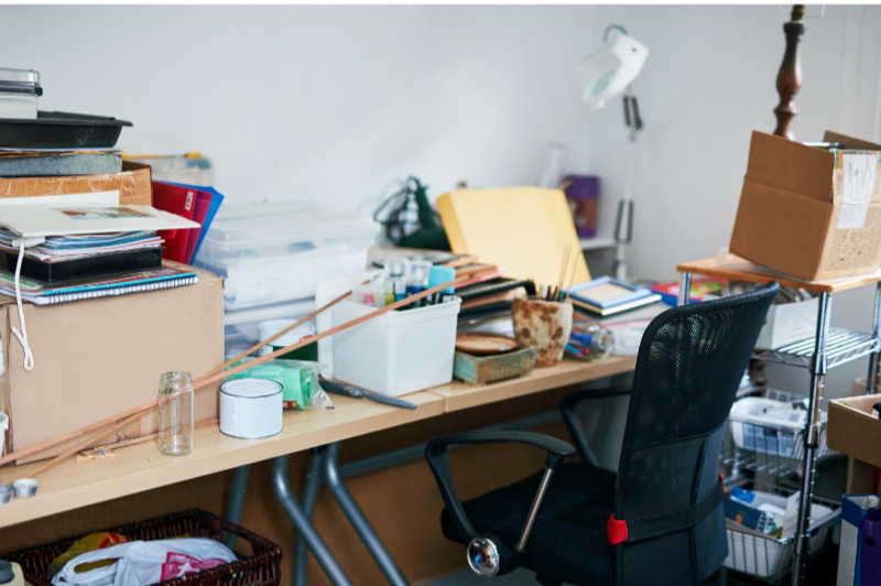 Messy desk completely covered with boxe and papers