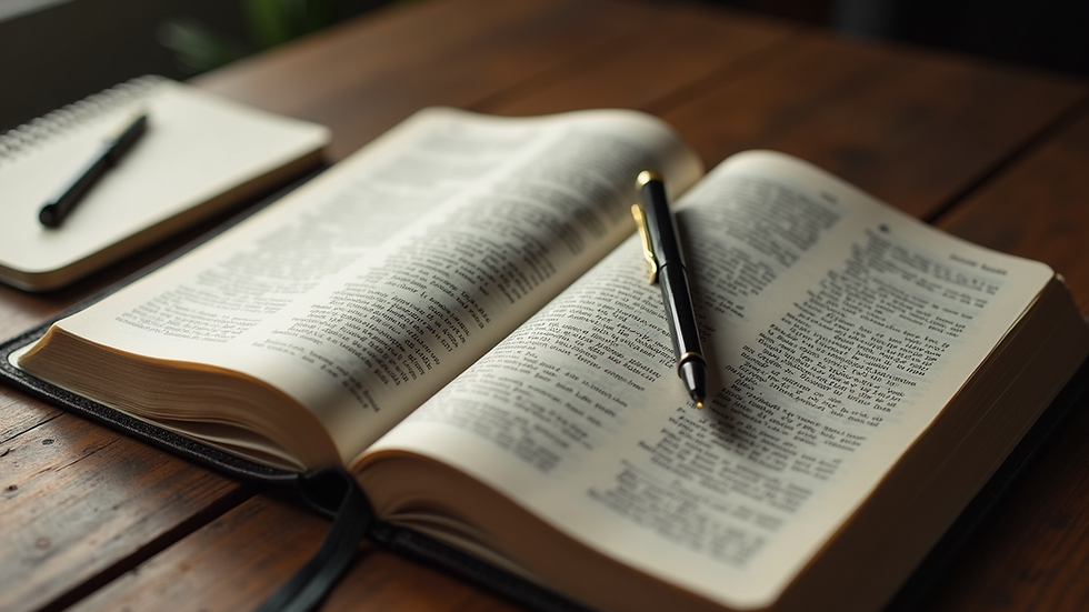 An open Bible on a table with pens and notebook for study.