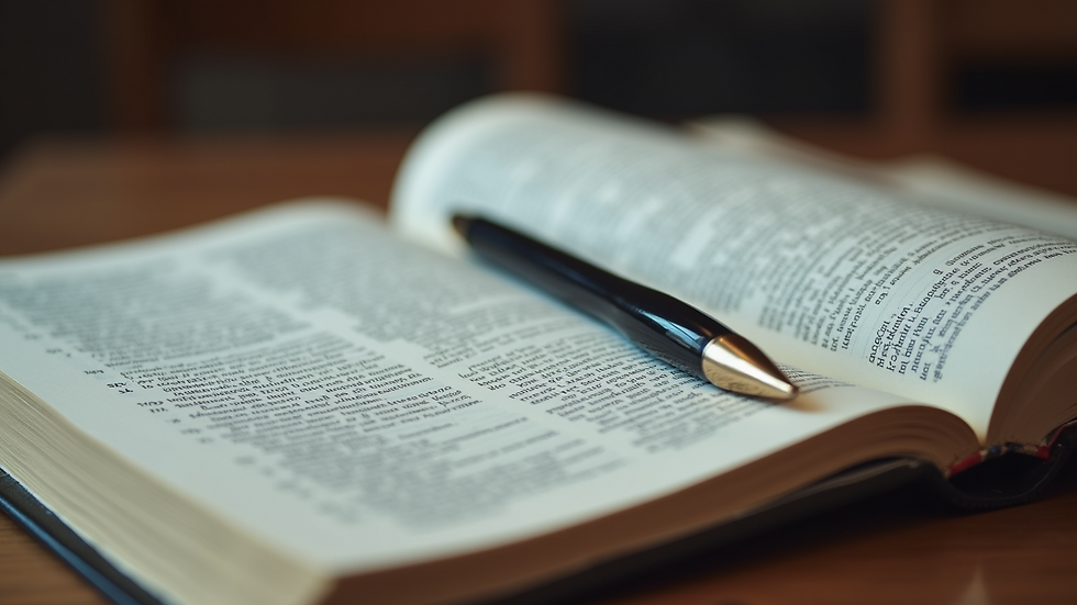 Close-up view of a Bible with notes and a pen